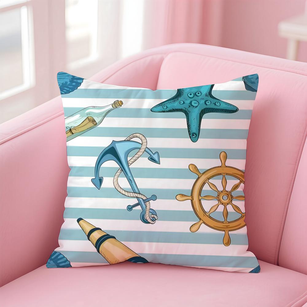 Casual Blue Maritimethemed Pattern Cushion Cover Pillowcase Short Plush Invisible Zipper Room Sofa Cushion Cover