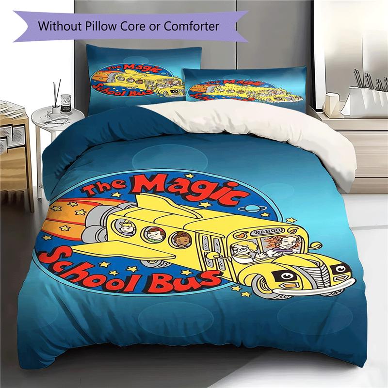 The Magic School Bus Cartoon Pattern Duvet and Pillowcases,1 Duvet Cover with 2 Pillowcases, No Core,Son Gift,Daughter Gift