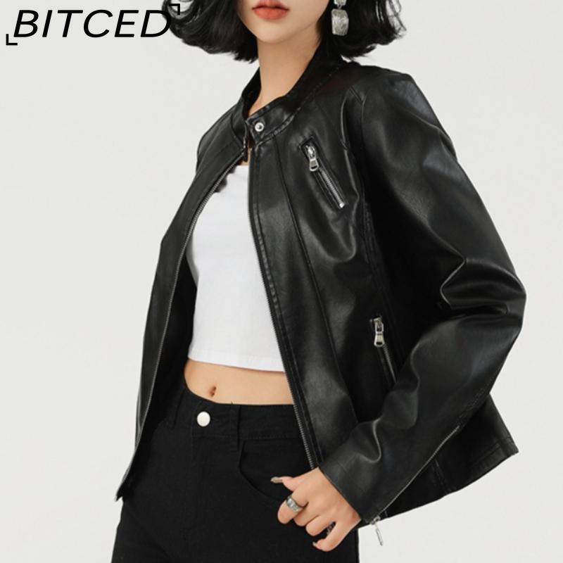BITCED Autumn Slim-Fit Women's Leather Jacket Slim-Fit Outerwear Leather Clothing for Women