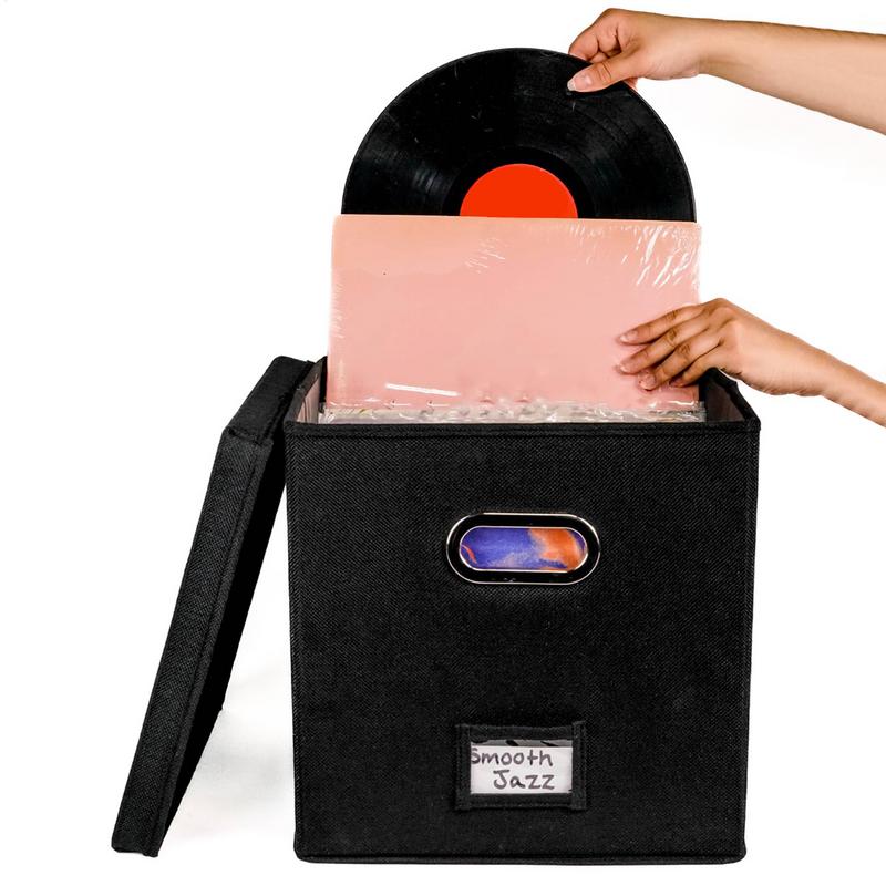 Vinyl Record Storage Box for Up To 50pcs 12-Inch Albums Records Crate LP Album Storage Fabric Storage Boxes with Lids