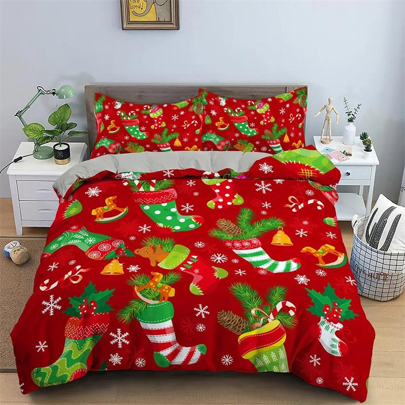 Roter Weihnachts-Bettbezug, King-Queen-Bett, Cartoon-Weihnachtsmann, Bettwäsche-Set für Kinder, Jungen und Mädchen, Happy Holiday, 2/3-teilig, Polyester-Bettbezug