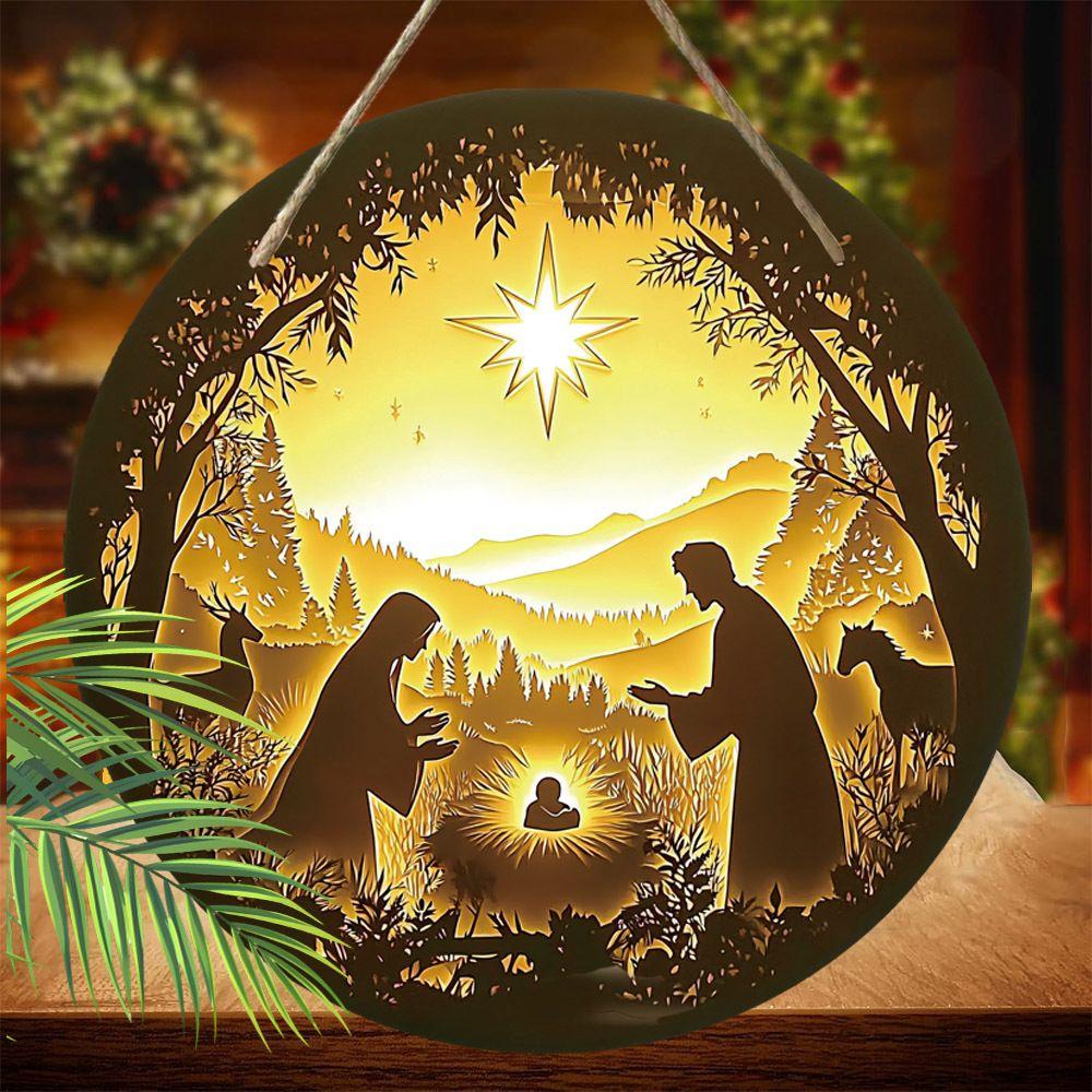 Hellig natt Krybbespill anheng, dekorasjon av hjemmevegger eller dører, 2d flatt tre, juledekorasjon, gaver til venner og familie