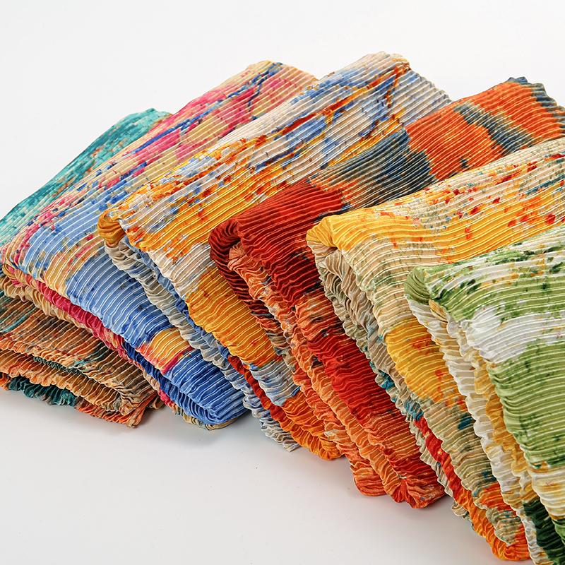 New Tie-dyed Pleated Satin Silk Hijab For Women Printed Headscarf Wraps Scarf Long Shawls Scarves Muslim Women's Hijabs Foulard