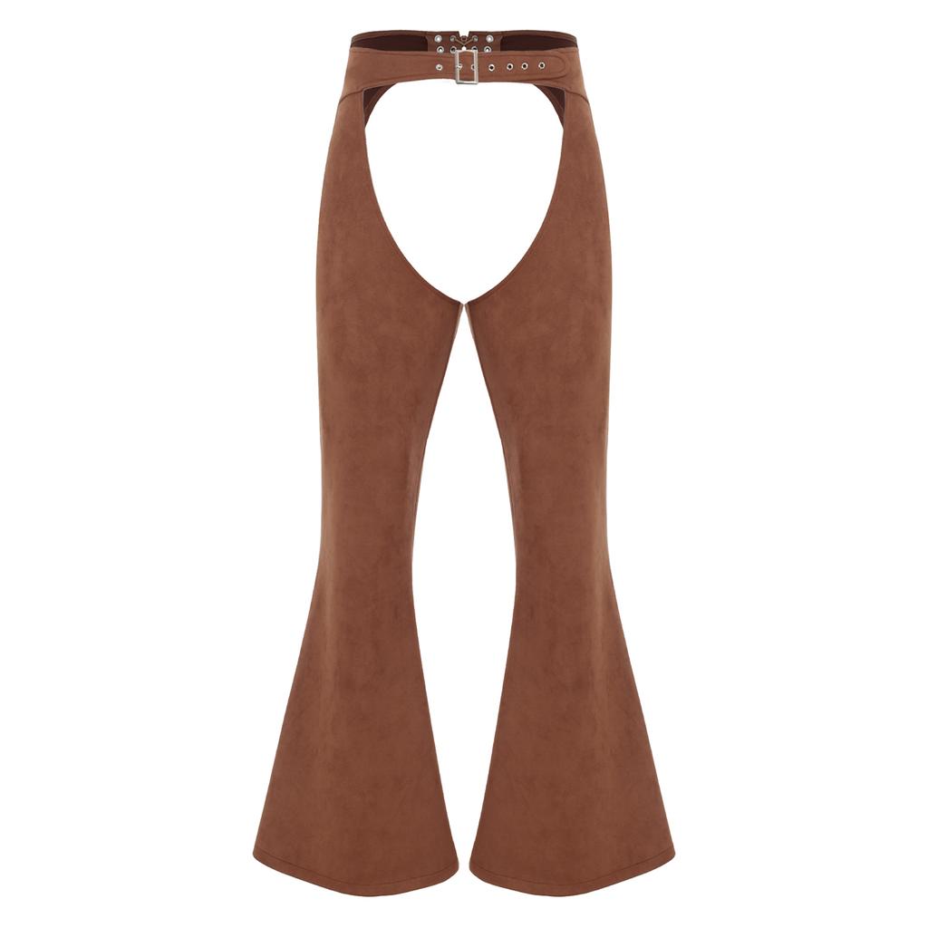 Mens Vintage Faux Suede Pants Adjustable Waist Hollow Out Design Cowboy Biker Style Wide Leg Riding Trousers