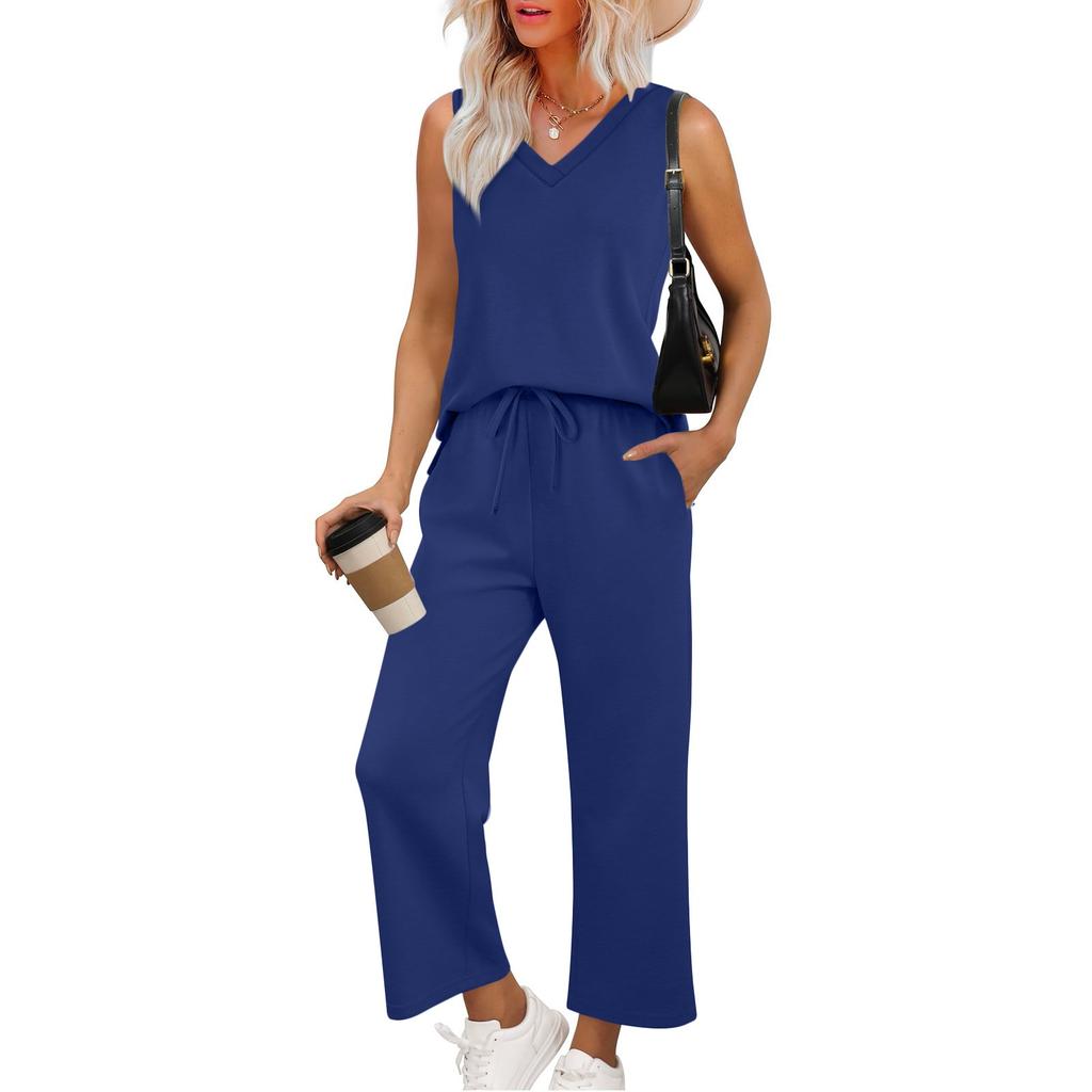 Women's Casual Fashion Sleeveless V-Neck Loose Wide Leg Pants Set
