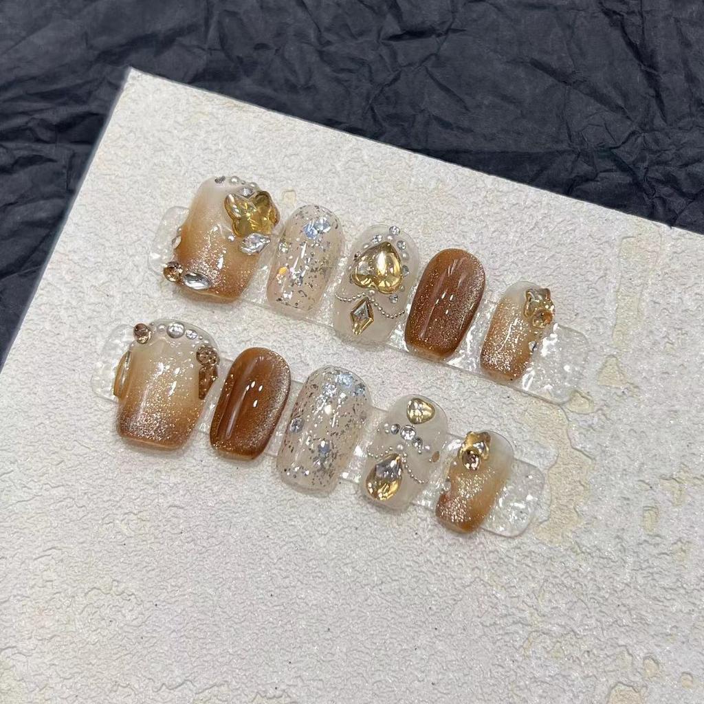 Hand-made Armor Handmade Nails Fake Nails Autumn and Winter Temperament Mocha Gradient Cat Eye Flash Champagne Diamond