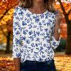 Top da donna casual alla moda a maniche a tre quarti con stampa floreale e girocollo