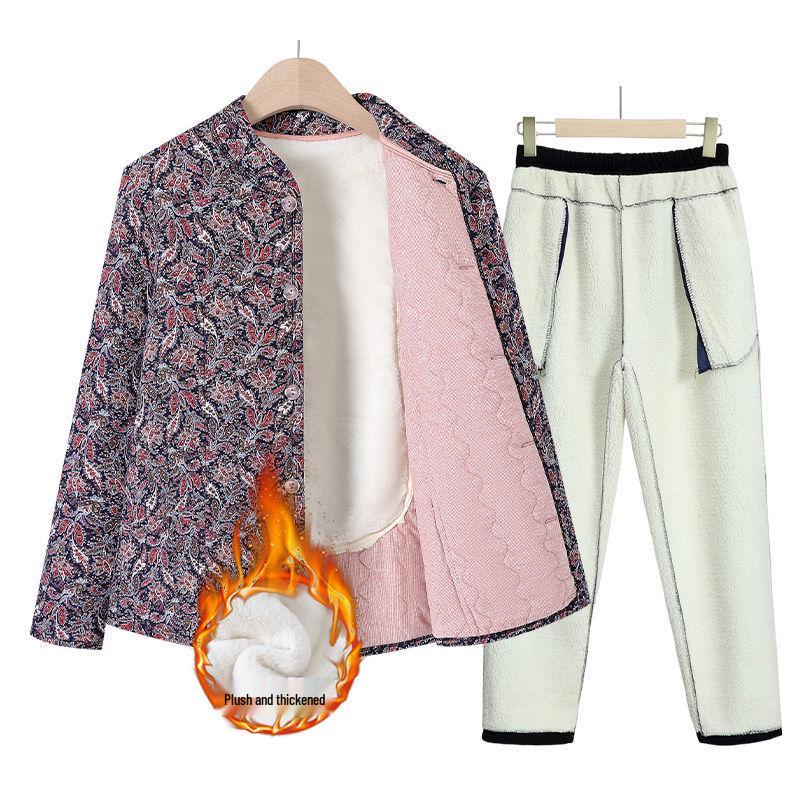 Grandma's Winter Floral Cotton Jacket with Velvet Lining - Warm, Thickened, Small Size for Elderly Women