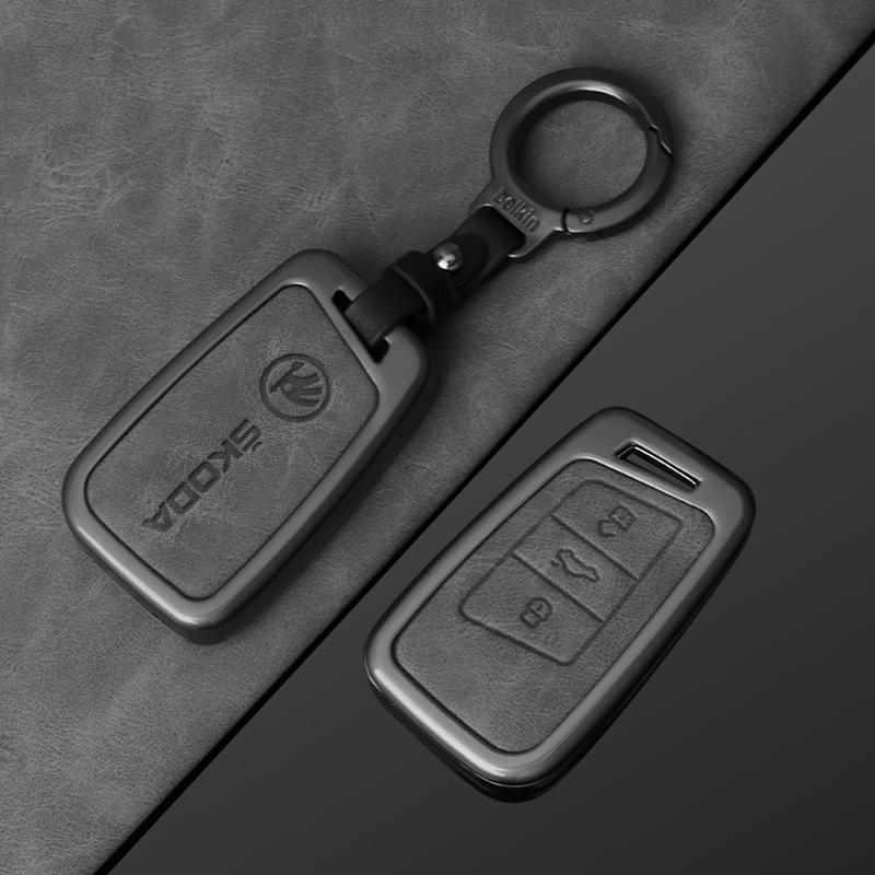 HLLQ9 Leather Zinc Alloy Car Smart Remote Key Case Full Cover Protector Shell Fob for Skoda Kodiaq Superb A7 Auto Keychain Accessories