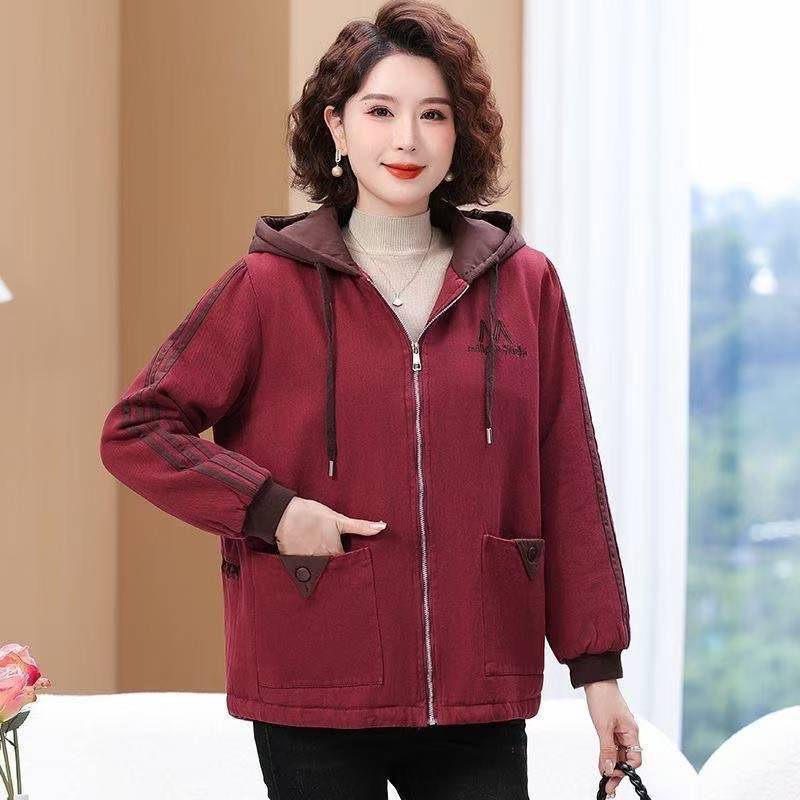 

Модная женская куртка больших размеров, повседневная, свободного кроя, с капюшоном, осенне-зимняя, средней длины, с эффектом омоложения, на плюшевой подкладке, с вышивкой 6XL красный