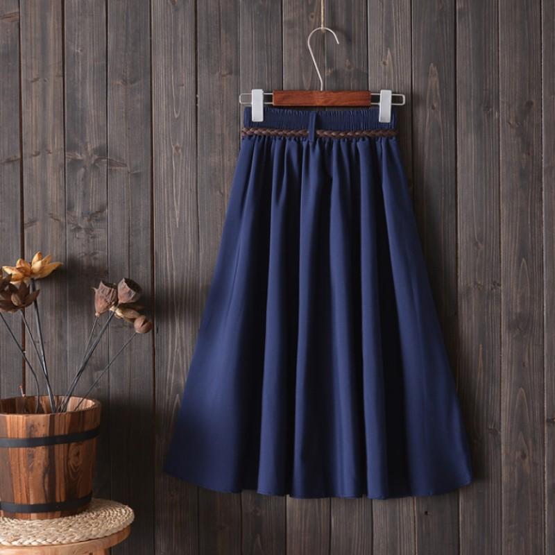 Women Summer Midi Knee Length Skirt Korean Ladies High Waist Pleated A-line School Skirt Female