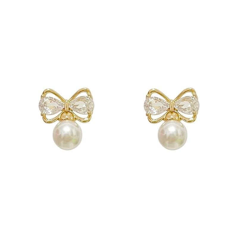 Light luxury versatile high-end bow zircon stud earrings women's s111 silver needle temperament small pearl earrings earrings