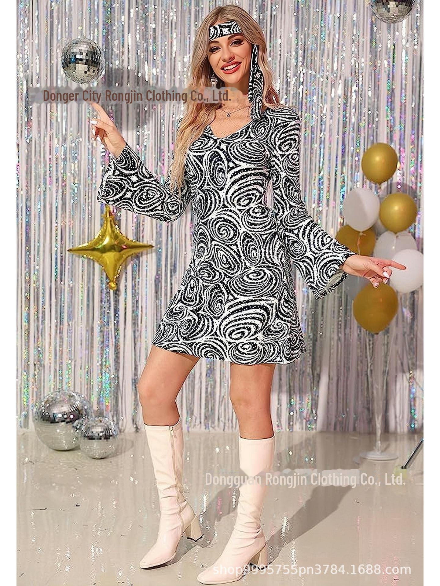 

Європейська та американська жіноча ретро-сукня в стилі хіпі з хусткою XL чорний