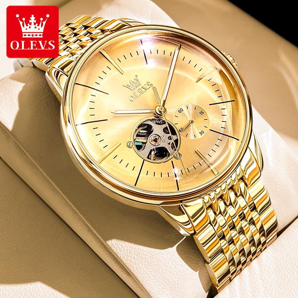 OLEVS 6708 Fashion Men's Watches Leather Strap Original Brand Self-winding Automatic Mechanical Wristwatch for Man Waterproof