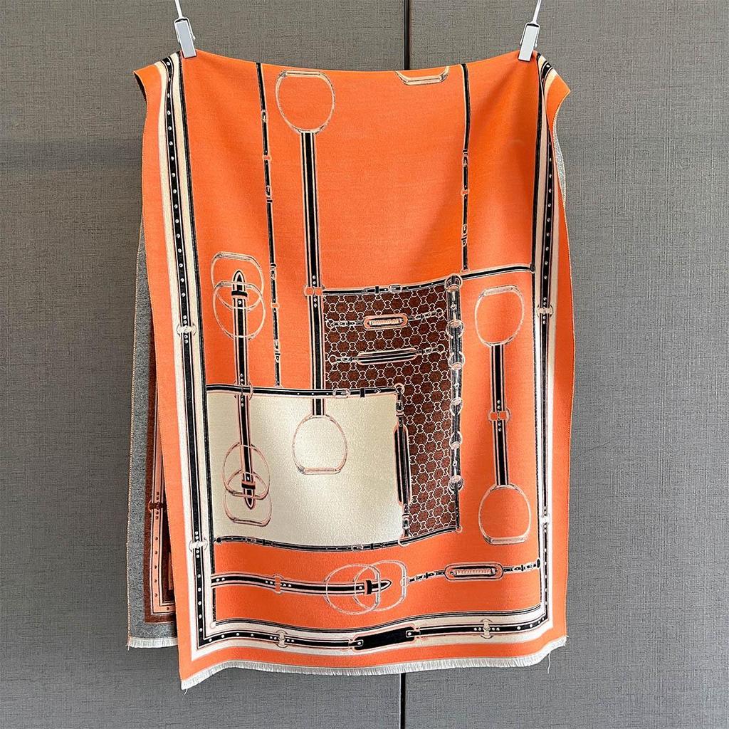 Orange Geometric Pattern Imitation Cashmere Scarf & Shawl – Versatile, Warm, Autumn/Winter Wear