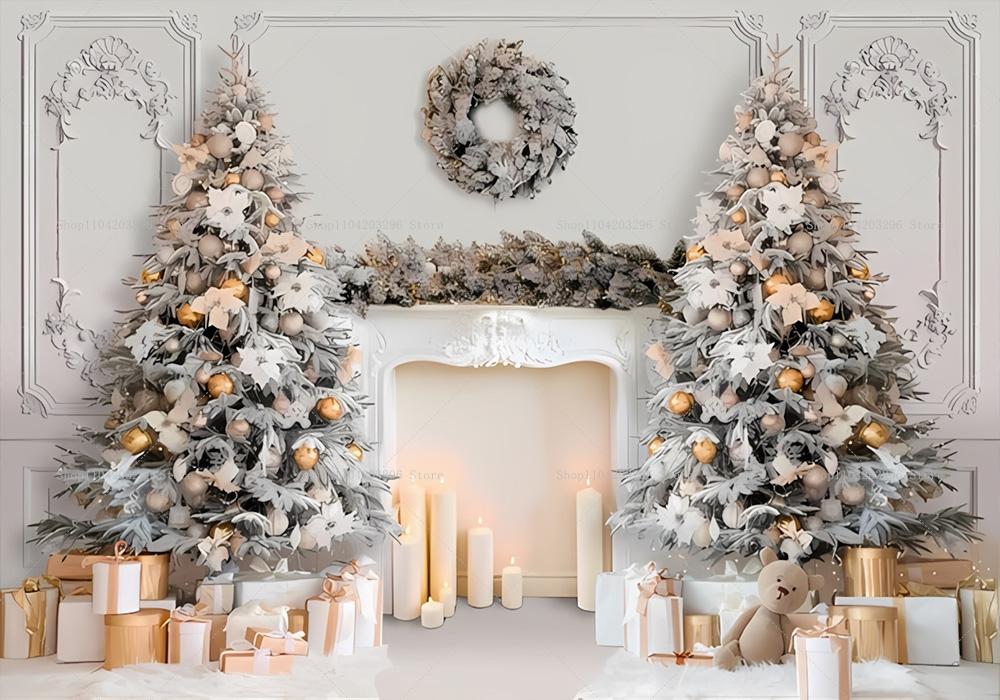 Winterfenster Weihnachten Kulisse Kamin Weihnachtsbaum Geschenke Teddybär Navidad Party Dekoration Kinder Porträt Fotografie Hintergrund