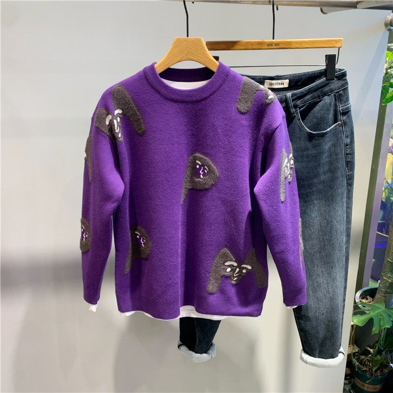 

Новый осенне-зимний пуловер с принтом букв, вязаный свитер, модный облегающий теплый внутренний топ, мужская одежда, свитер 4XL фиолетовый