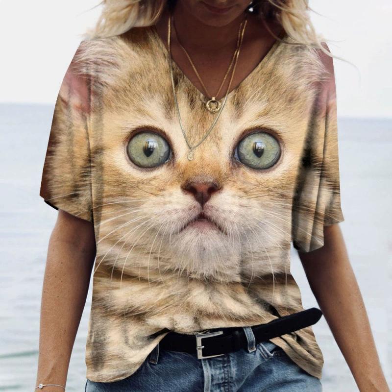 Sommer V-Ausschnitt 3D Katze Gedrucktes Oberteil Modische Lässige Kurzarm Damen T-Shirts