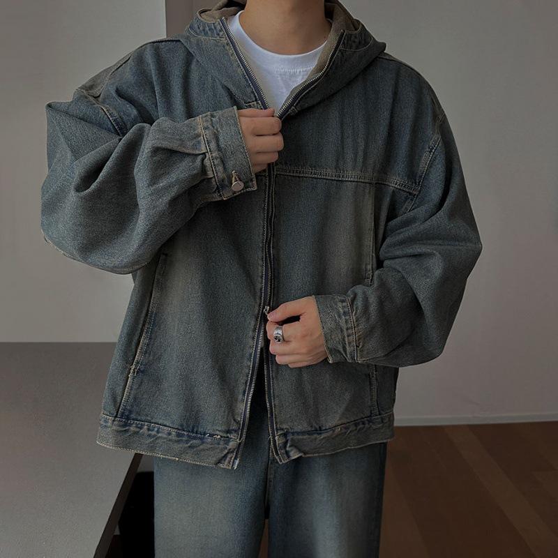 Retro Old Straight Jeans Men's Spring Hooded Denim Jacket Korean Fashion Denim Suit