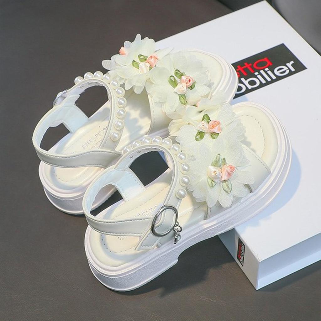 Girls Soft Sole Sandals Adjustable Buckle Strap Flower Decoration Princess Style Lightweight Toddler Summer Footwear