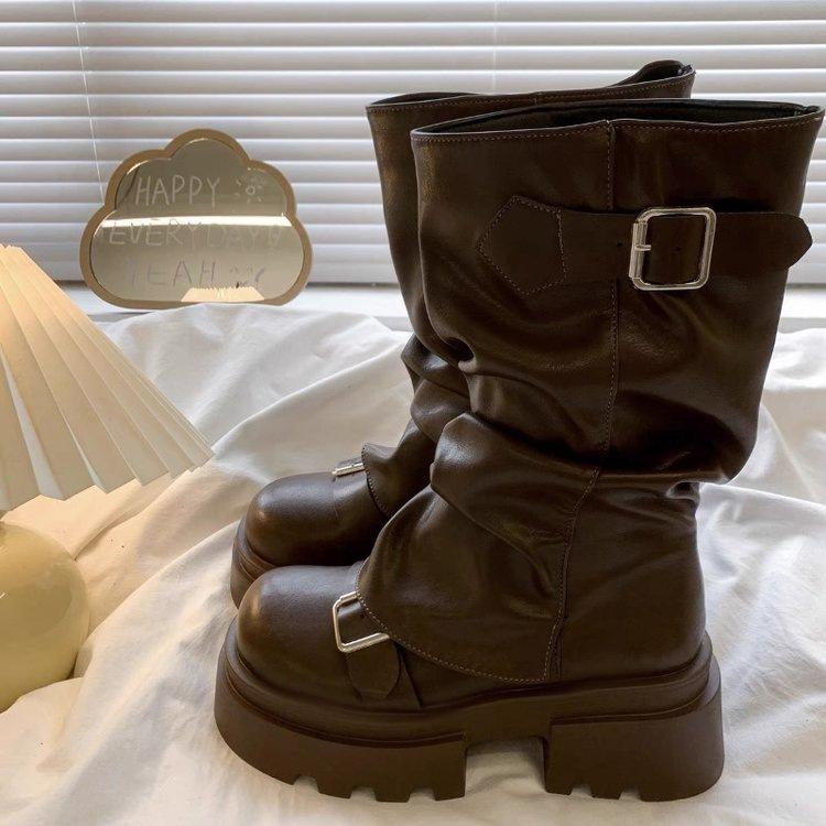 Korean thin and versatile thick-soled Martin boots women's 2025 new spring and autumn brown versatile belt buckle medium boots