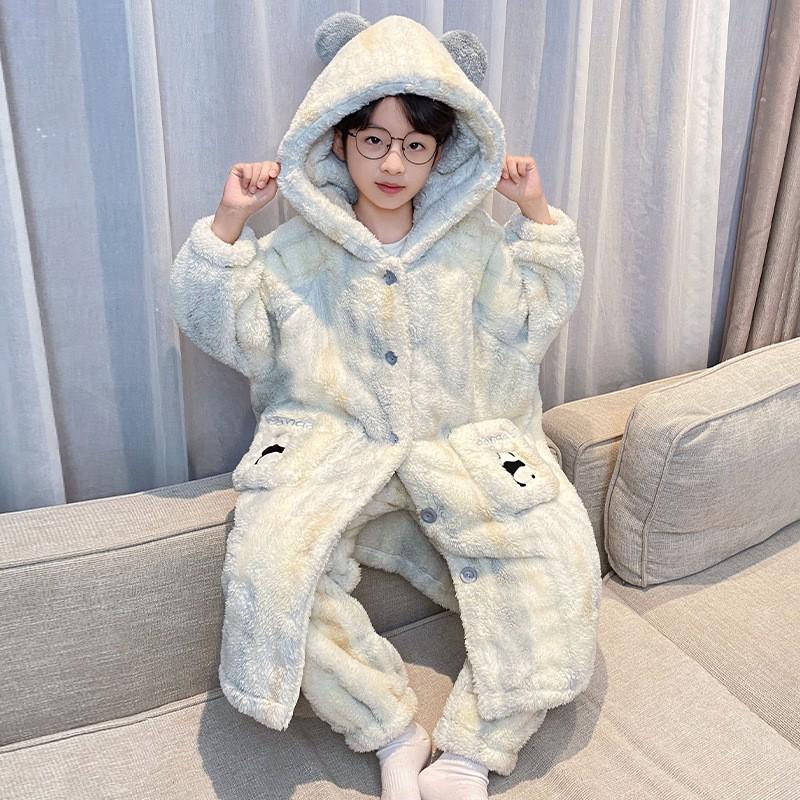 Boys Winter Warm Coral Fleece Pajama Set With Hooded Robe Thick Flannel Sleepwear Kids 8-14 Years