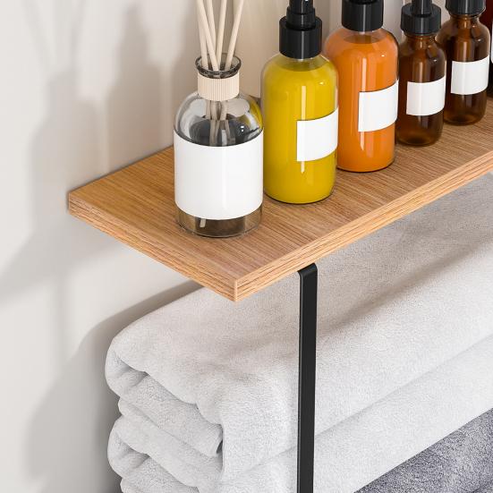 Wall Mounted Towel Holder with Wood Shelf Strong Load-bearing Easy To Install Multi-functional Bathroom Towel Rack Storage Holder