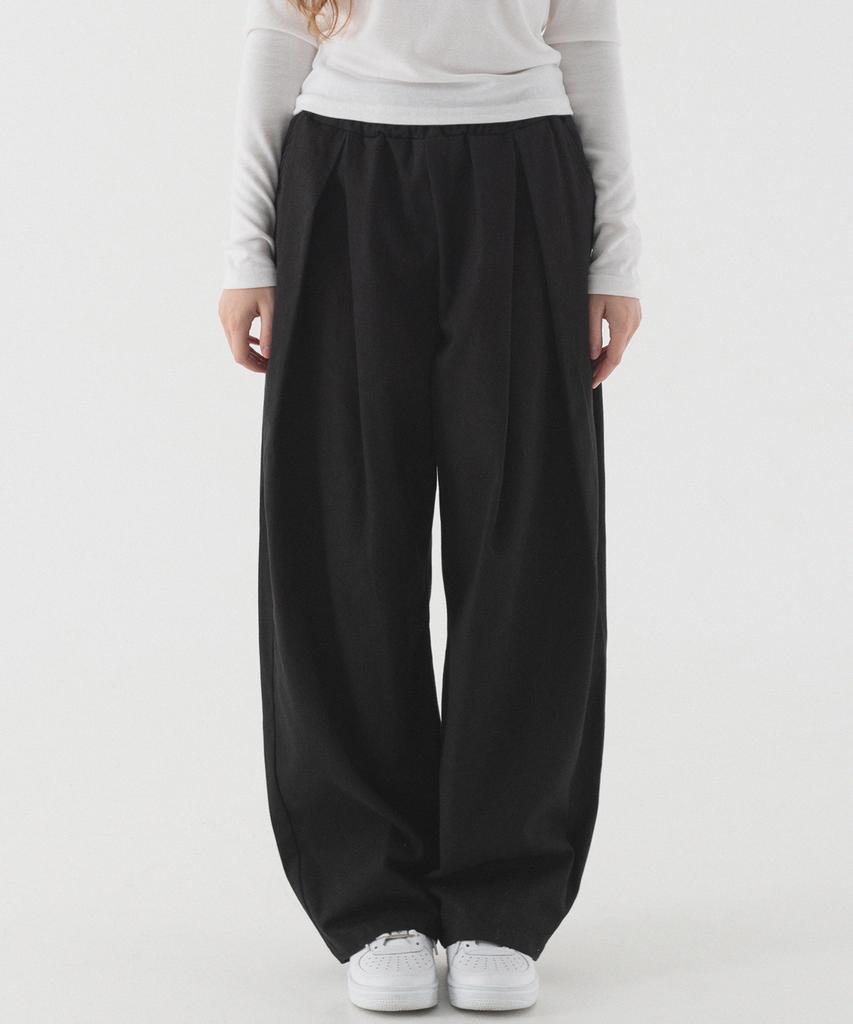 PIANER Pleated Wide Elastic Cotton Pants (Black)