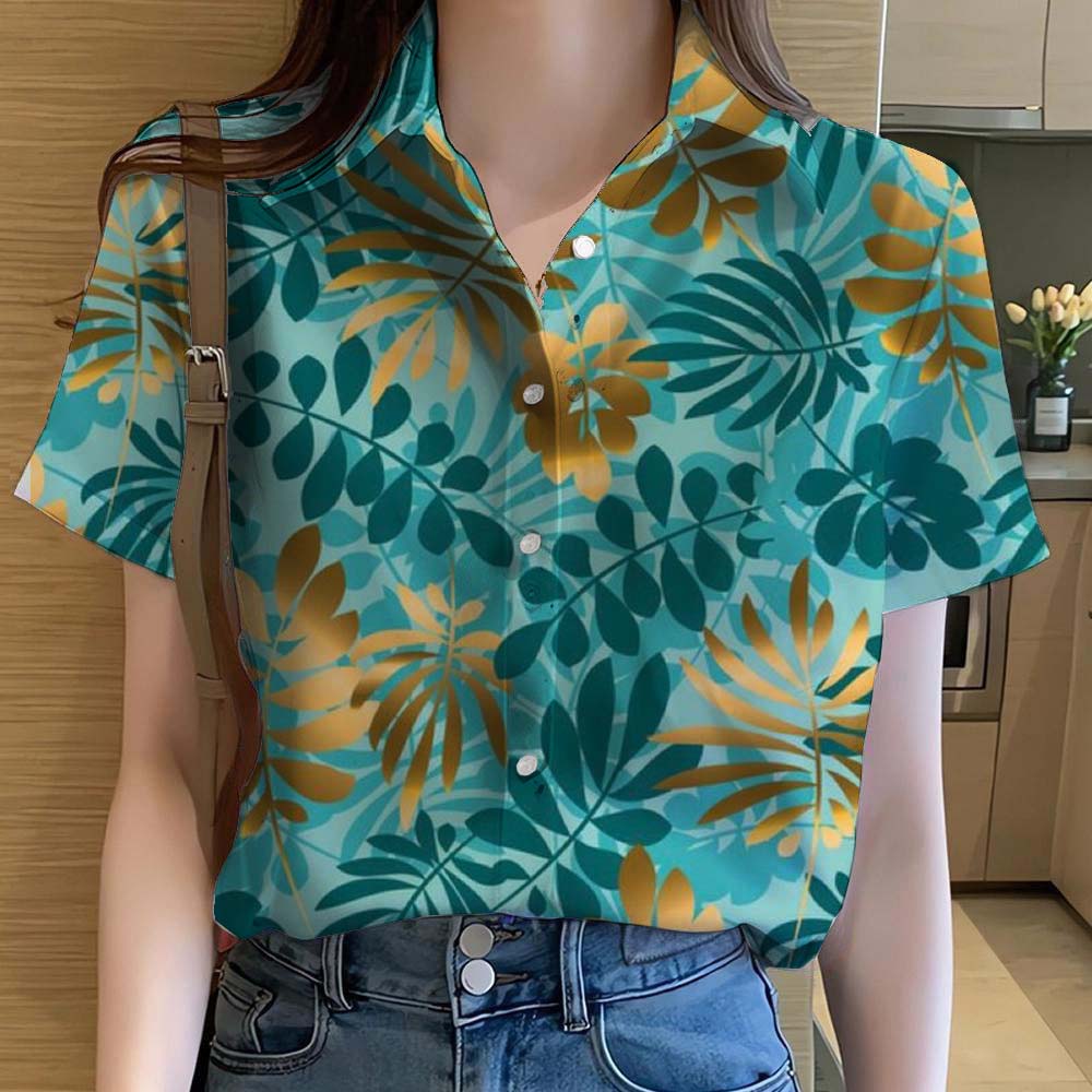 Womens Shirts Tropical plant leaves 3D Printed Tops Casual Hawaiian Short Sleeve Button Beach Shirt Summer y2k Women's Clothes