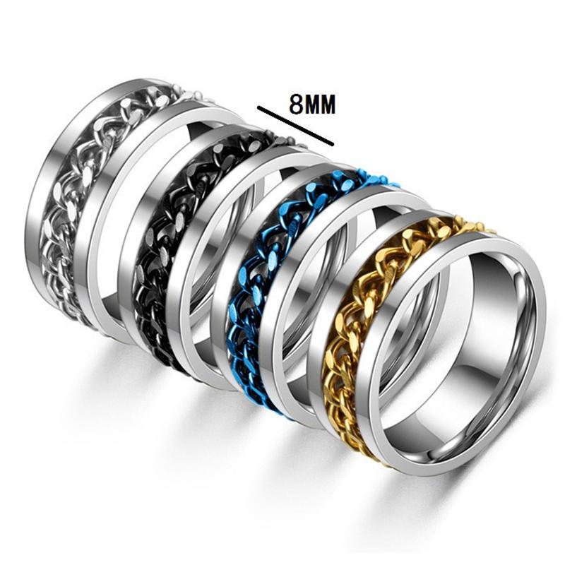 Fashion Anxiety Fidget Rings Relaxing Stainless Steel Rotatable Chain Ring for Men Women Spinner Zircon Gold Black Bague Homme