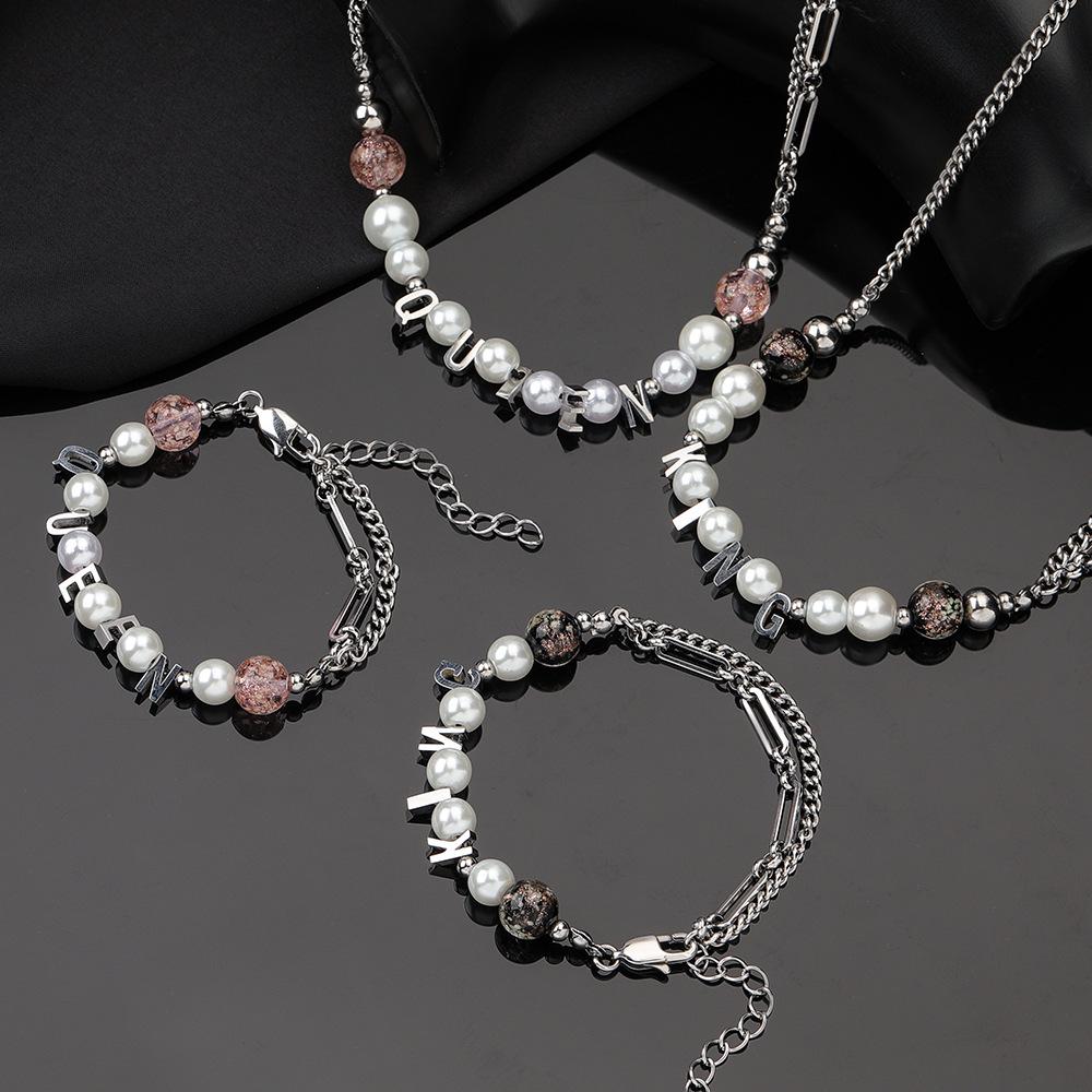 

Royal Titanium Steel King & Queen Pearl Bracelet and Necklace Set for Couples