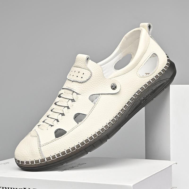 Summer Shoes Men Sandals Genuine Leather Flat Non-slip Holiday Soft Summer Male Footwear Black Beige