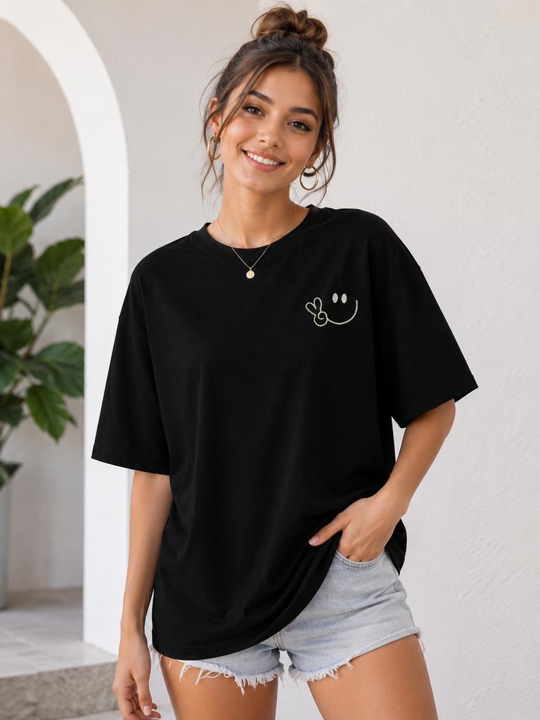 Unisexs Y2k Geometricstyle Cheerful Smiley Face Print Tshirt Roundneck Shortsleeve Soft And Comfortable Casual Cotton Top