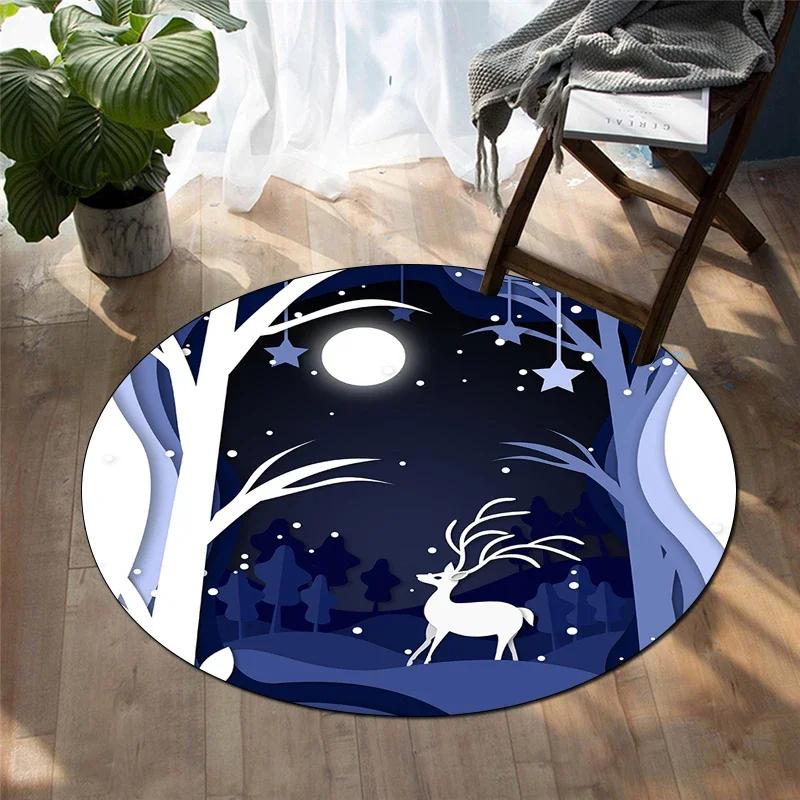 Forest Deer Round Carpet Soft Cartoon Rug Non-Slip Circle Floor Mat for Living Room Bedroom Sofa Bathroom Children's Dorm Decor