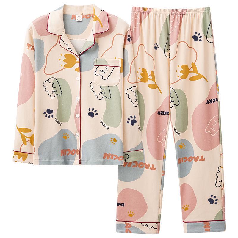 Women's Korean-Style Cartoon Pajama Set - 100% Cotton, Long-Sleeved, Suitable for Spring, Autumn, and Winter, with Cardigan for Home Wear.