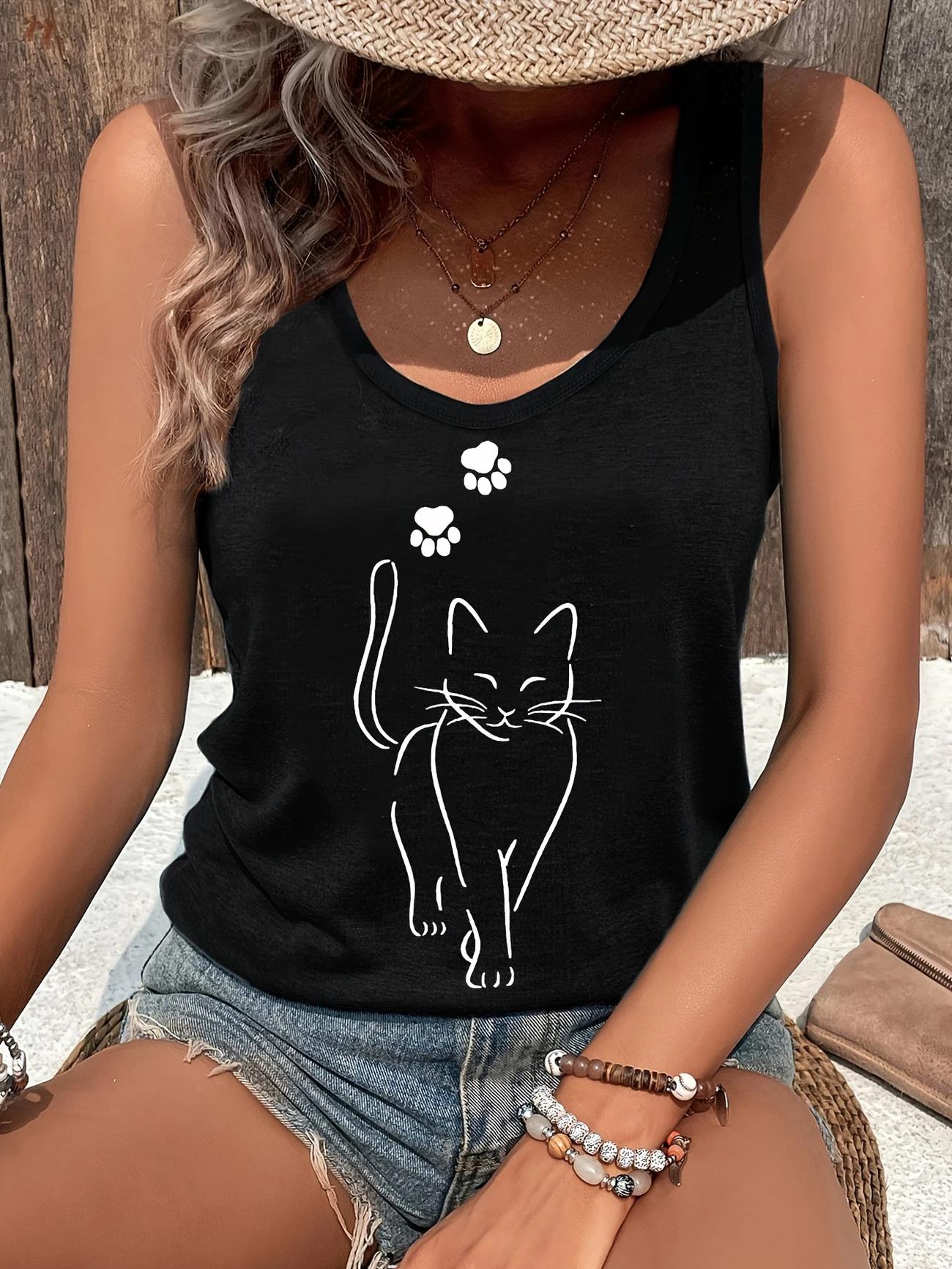 

T-shirt Cat Kawaii Design Printed Vest Graphic Print Tank Top Women’s Sleeveless Crew Neck Casual Top for Summer Spring XL