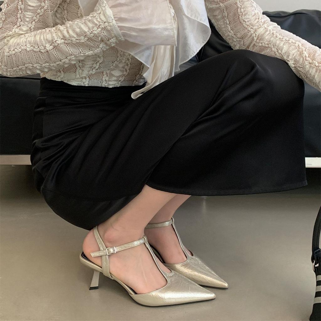 High Heels Thin Heels Bag Head Sandals Women's 2025 Spring and Summer New French Silver Pointed Single Shoes Women