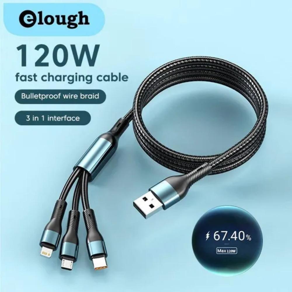 1PC Elough 120W USB C 3 In 1 Charging Cord Micro USB Type-c Multiple Mobile Phone Fast Charge Cable For iPhone 14 11 Huawei Data Cable