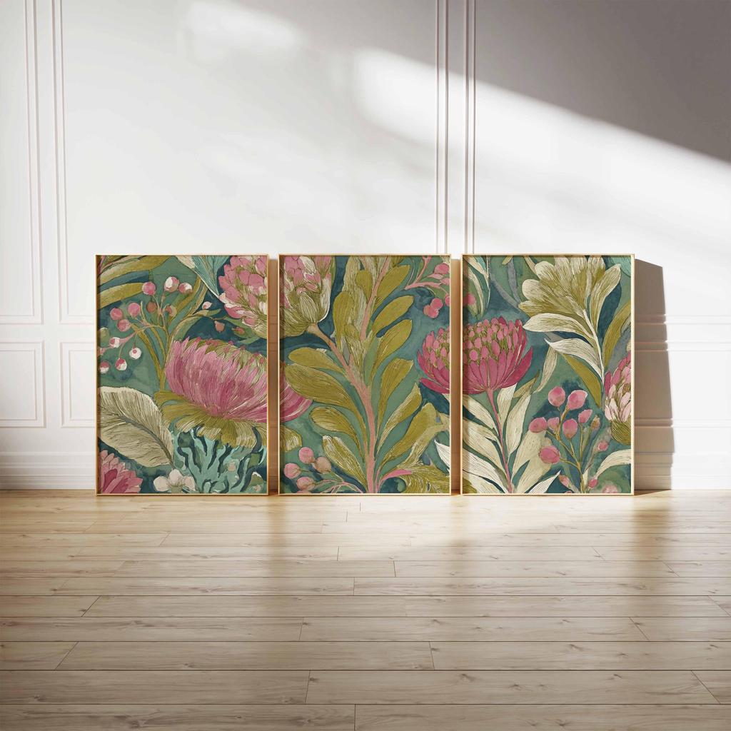 Botanical Wall Art Set of 3 Vintage Protea Floral Prints Green and Pink Nature Art for Living Room or Bedroom Decor Gift Poster