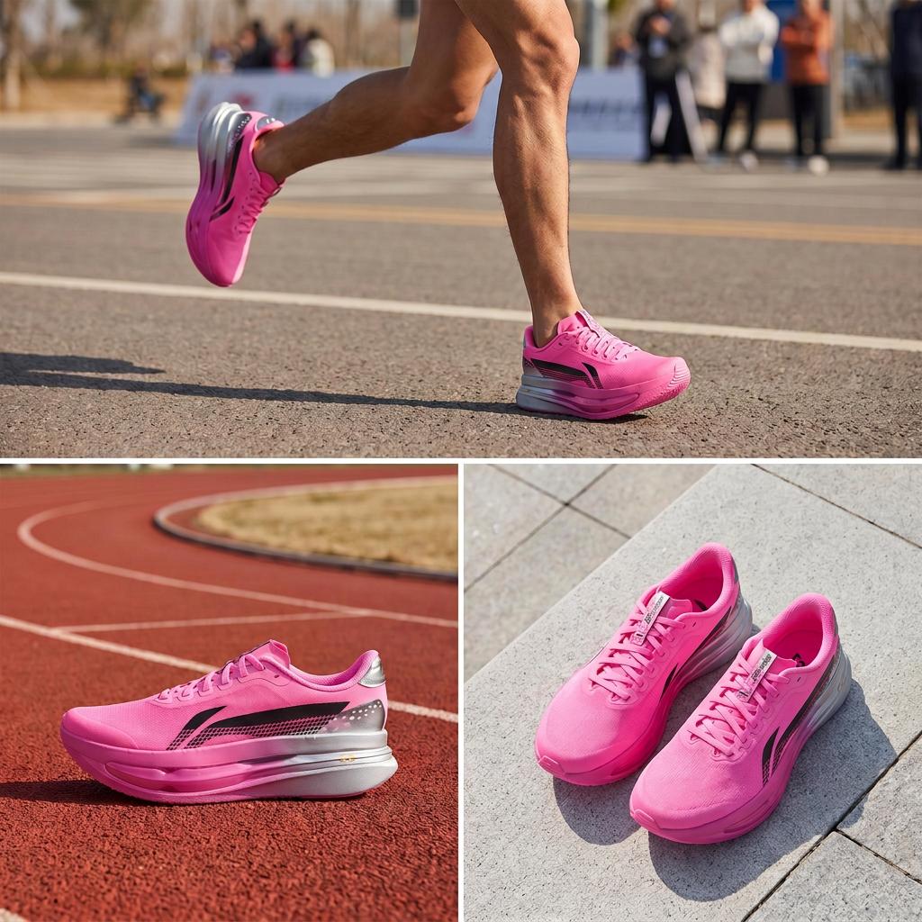 Li Ning Red Rabbit 9 Ultra Technologie Capsule Maille Chaussures de Course Homme Baskets Rose Fluorescent ARPW007-14