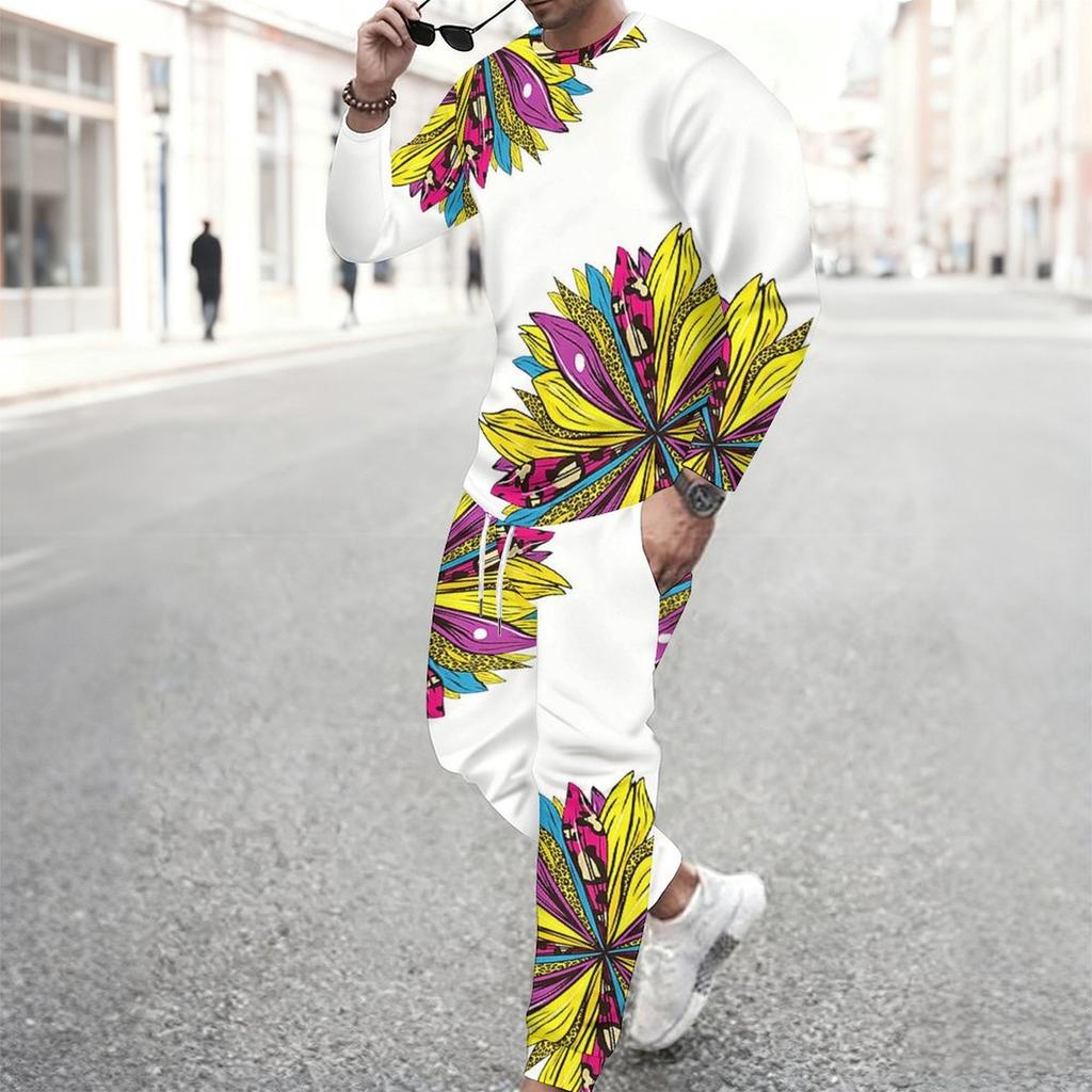 Men Cyan Base Gold Glitter Leopard Splicing Print Long Sleeve Sweatshirt Jogger Pants Two Piece Suit