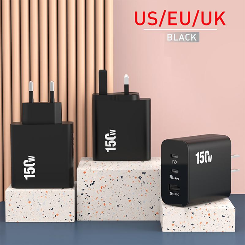 Caricabatterie super rapido da 150 W, ricarica ultra rapida, 3 porte PD tipo C per iPhone, Samsung, Xiaomi