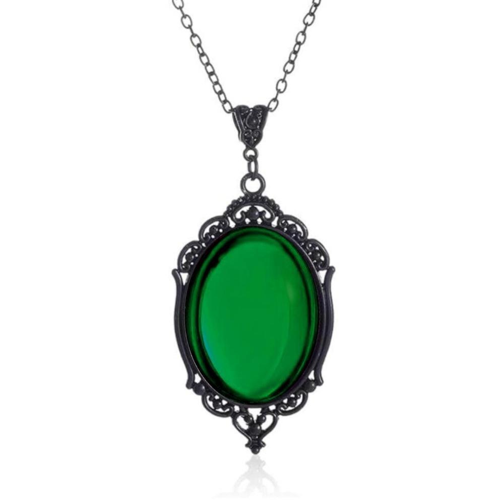 Retro Gothic Geometric Ellipse Relief Green Crystal Pendant Necklace for Women Hallowmas Party Jewelry Accessories Gifts