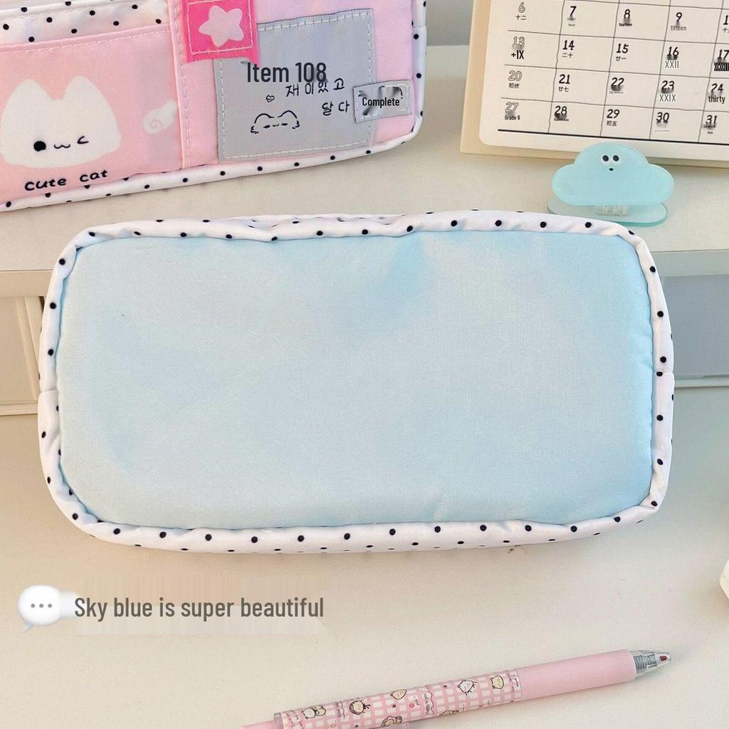 Tongxin Multi-Layer Blue Polka Dot Kitten Ita Bag Pencil Case - Versatile, Large-Capacity Stationery Holder