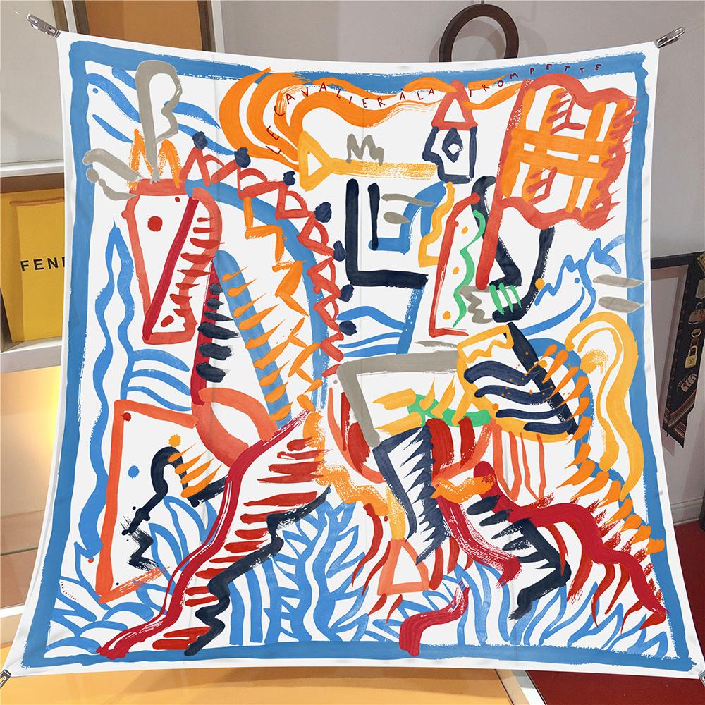 

90cm Twill Silk Scarf Shawl Luxury Graffiti Horse Print Square Scarves Women Hijabs Bandana Foulard Neckerchief Head Scarves 90x90cm