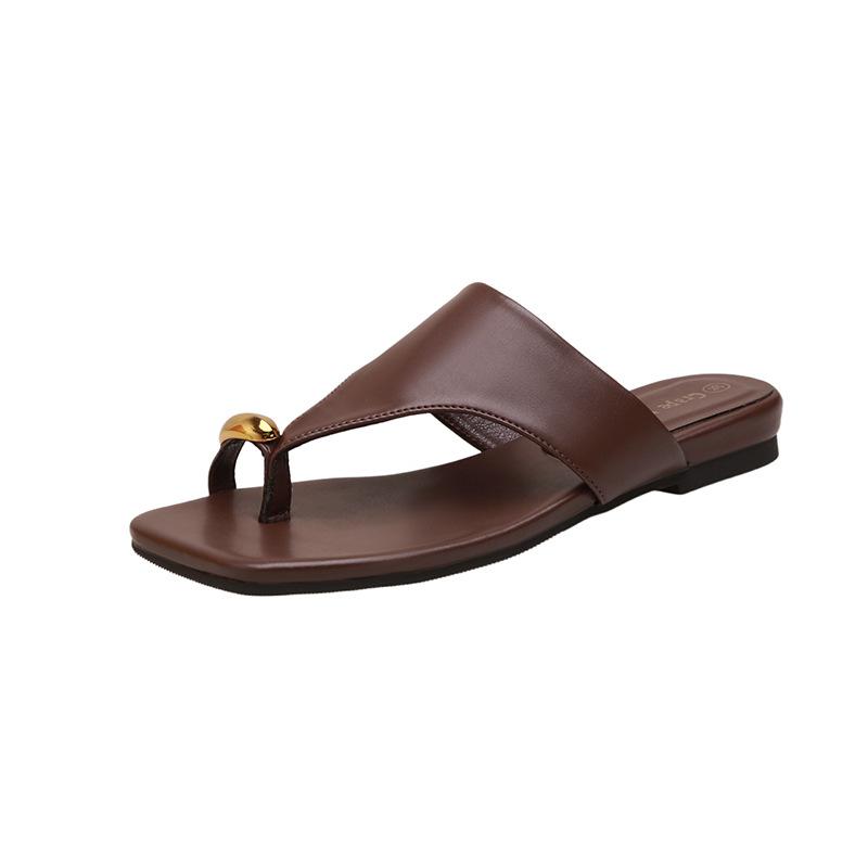 

Cowhide version of the same style, fashionable set of toe square head versatile flat bottom herringbone open toe cool slippers for women to wear o 40 коричневый