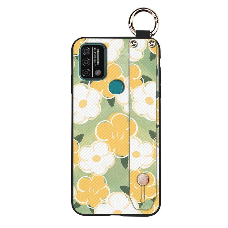 Silicone Waterproof Phone Case For UMIDIGI A9 Protective Oil Painting Flower Wrist Strap Kickstand Dirt-resistant Ring