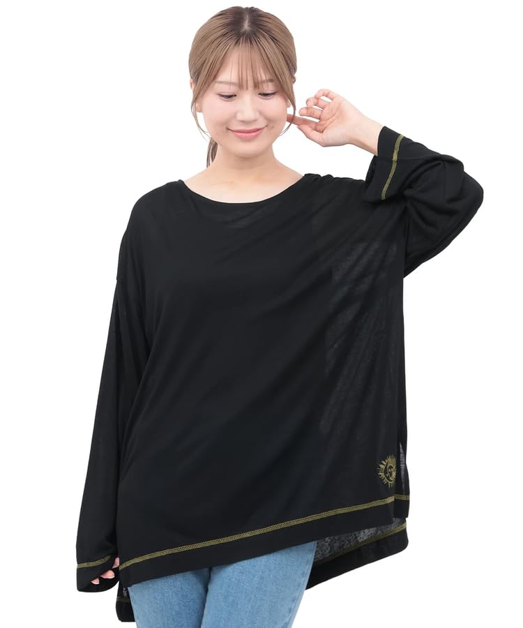 Titicaca Прохладная на ощупь Прозрачная длинная футболка, Прозрачная, Длинные рукава, Круглый вырез, Женская, Один размер, Черный, OWJBB040