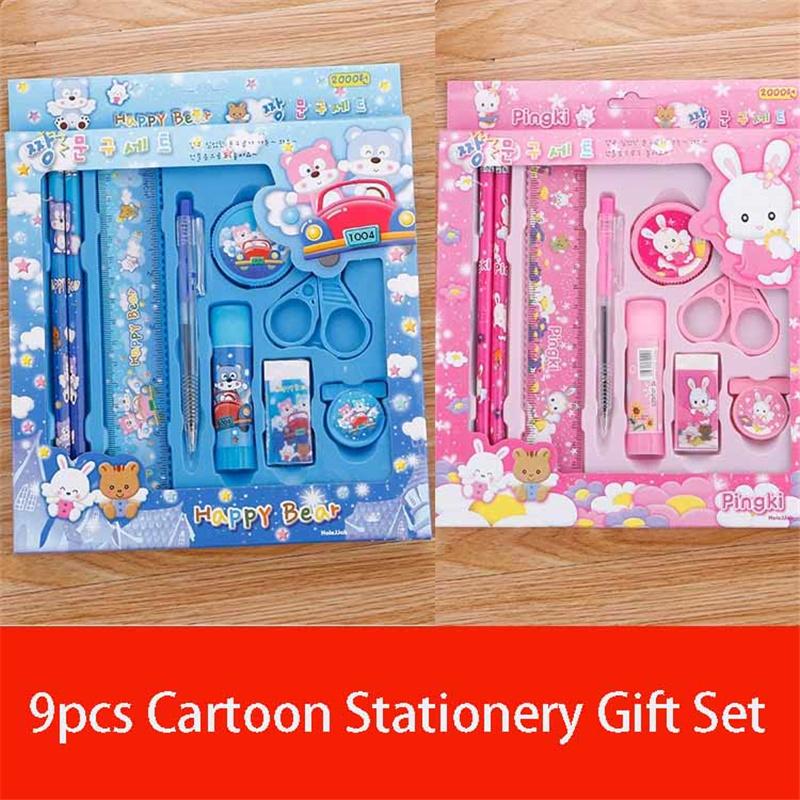 9pcs Cartoon Stationery Gift Set Ruler+ Pen +Pencil Sharpener+Scissors+Clips+ Eraser+Glue Kids School Supplies Prize Box