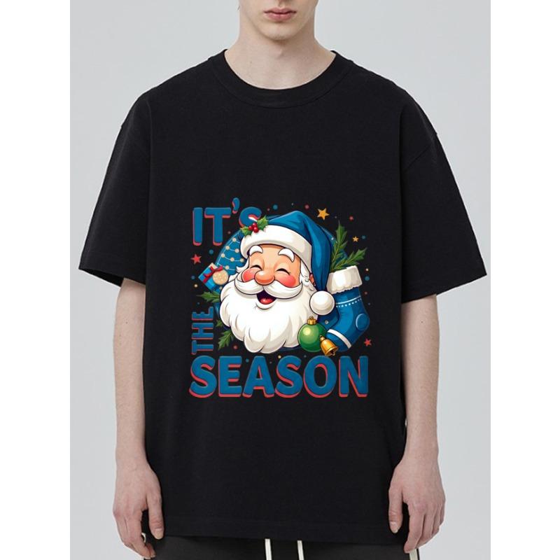 

Christmas T-Shirt Black Santa Claus With It s The Season Text And Holiday Decorations For Festive Season XXXXL